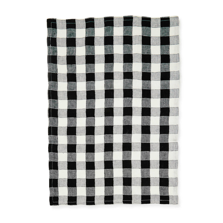 Black checkered linen dish towel with a woven texture.