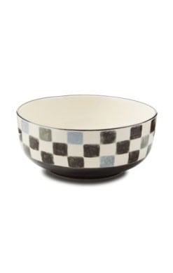 Black check stoneware serving bowl with a round silhouette.