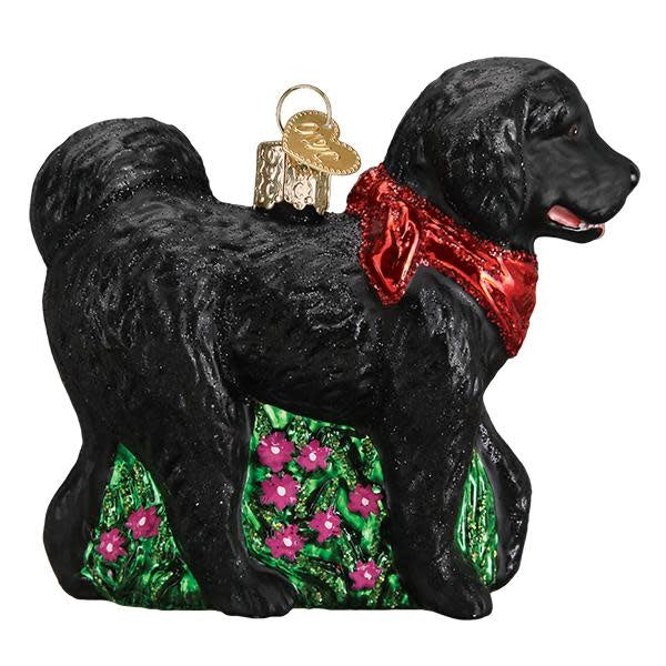 Black ceramic dog ornament shaped like a doodle with curly fur texture