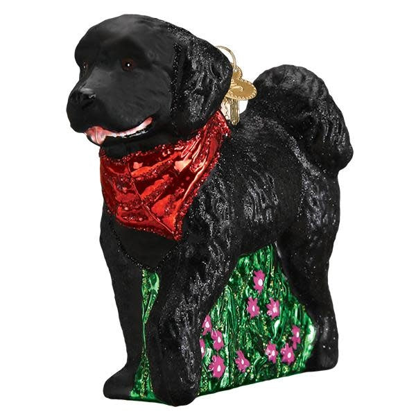 Black resin ornament shaped like a doodle dog with curly fur texture.