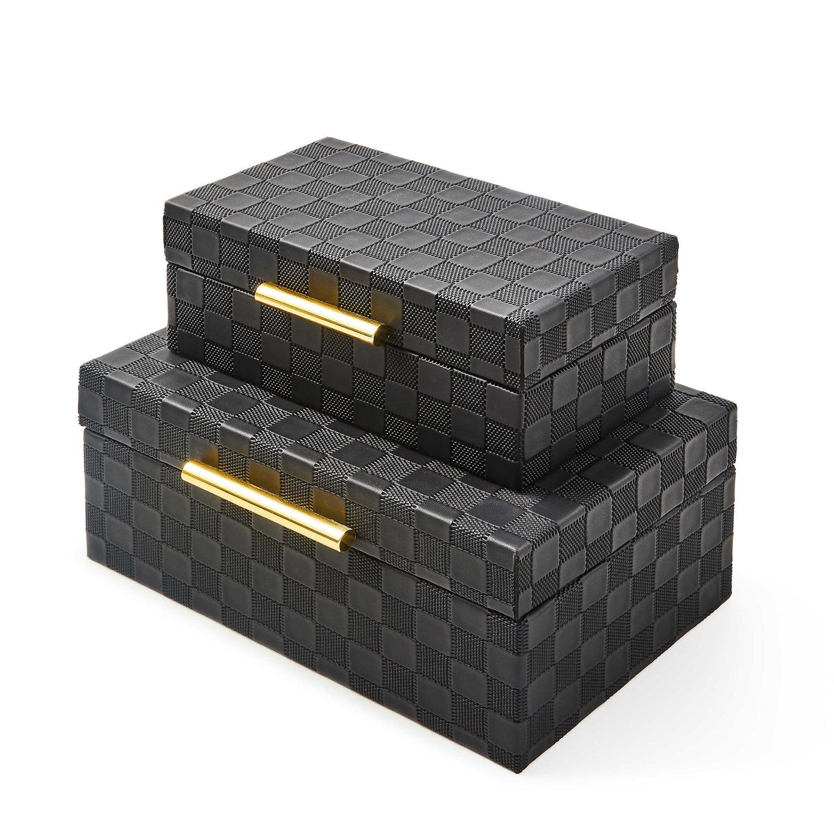 Black embossed faux leather storage box with gold hardware and velvet interior.