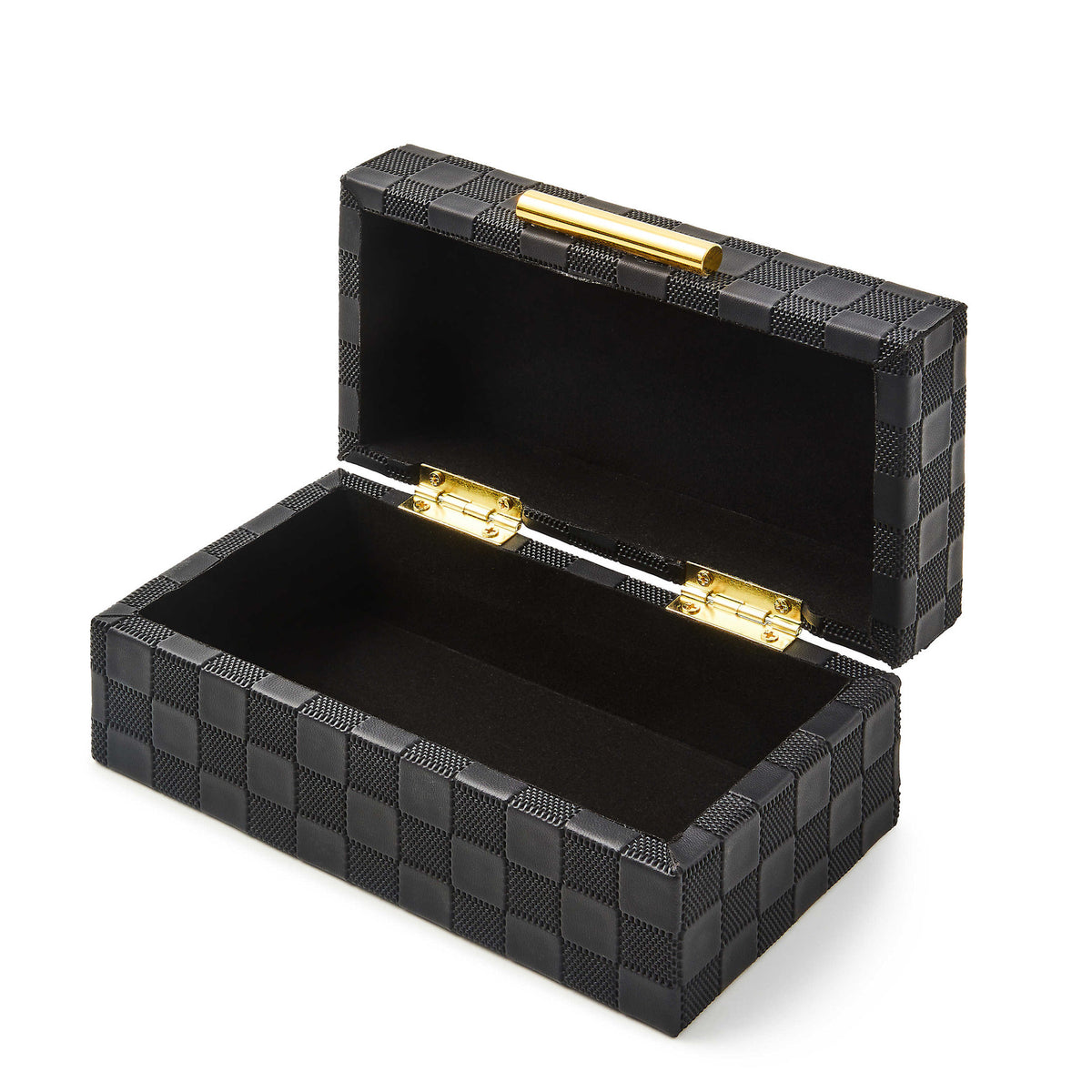 Black faux leather storage box with gold hardware and velvet interior