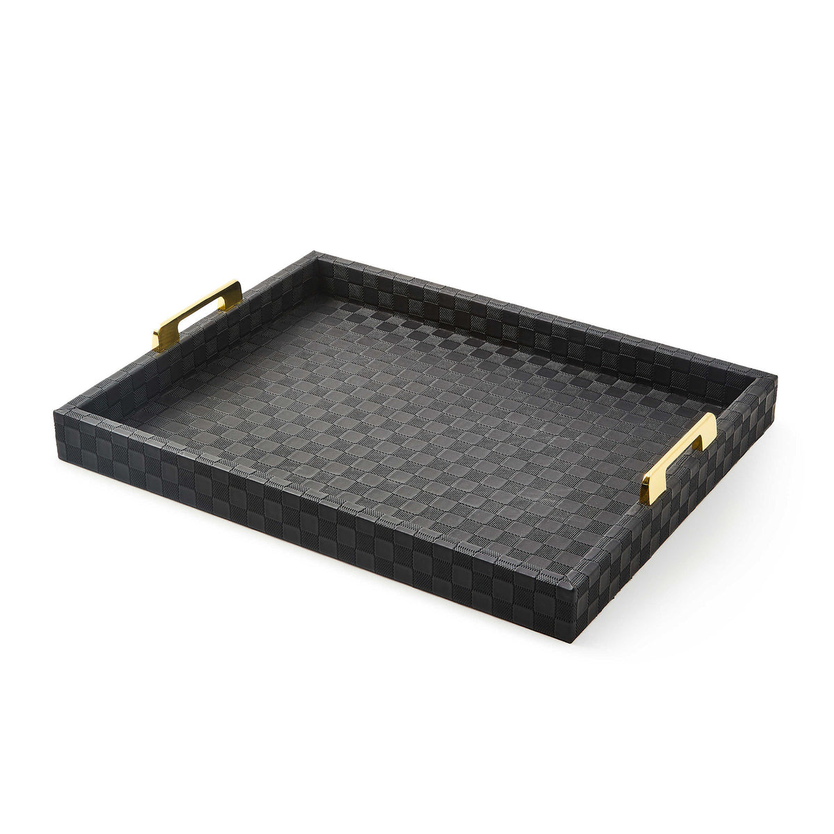 Black faux leather serving tray with embossed check pattern and shiny gold handles