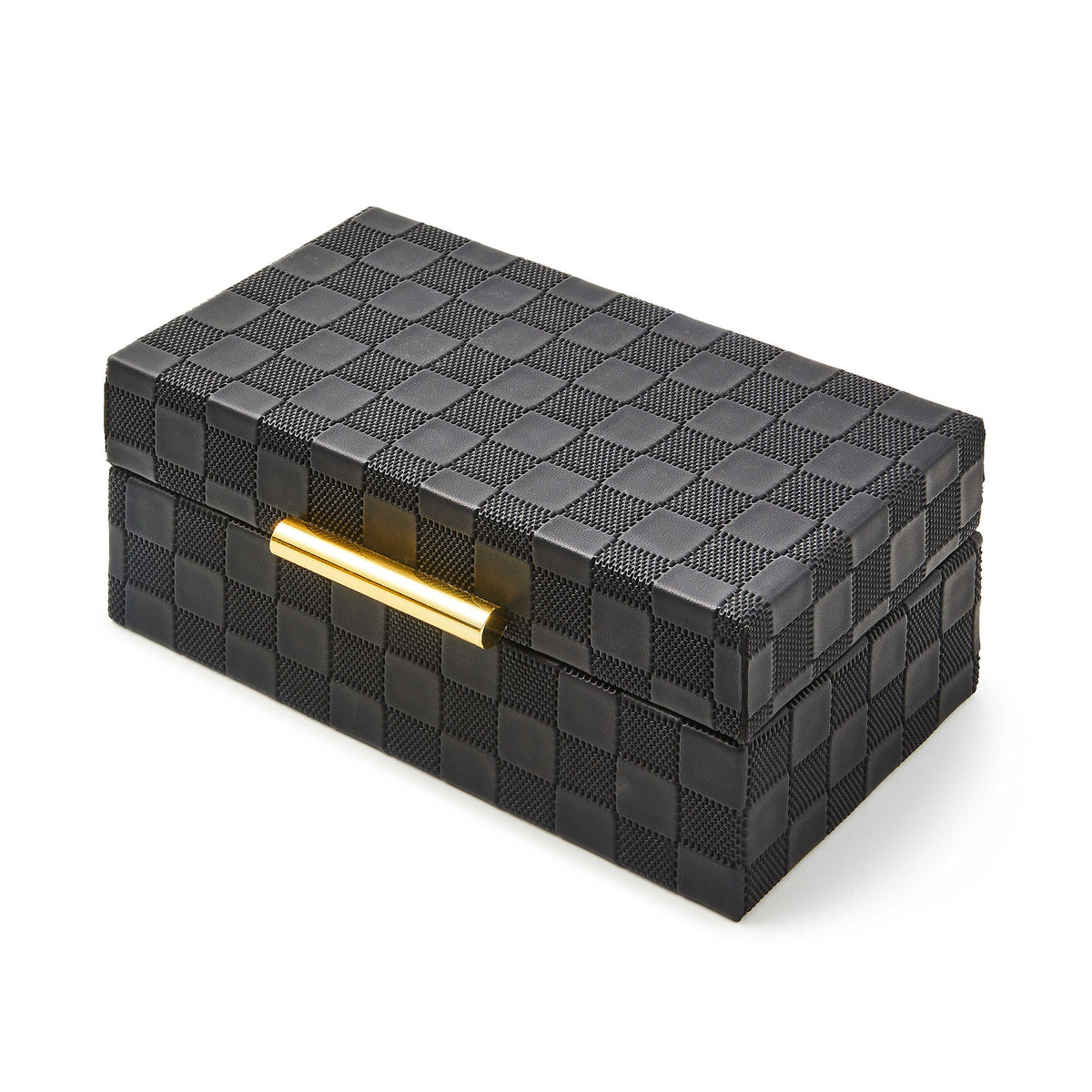 Black faux leather box with embossed check surface, gold hardware, velvet interior.