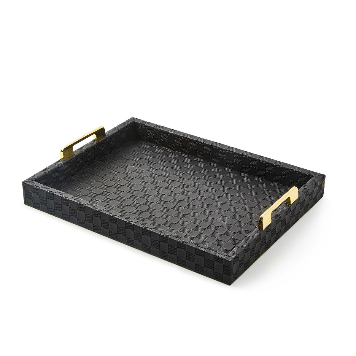 Black faux leather serving tray with embossed check pattern and shiny gold handles