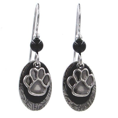 Tri-tone layered oval drop earrings with brass, copper, silver finishes featuring a black paw print and brown tiger's eye bead.