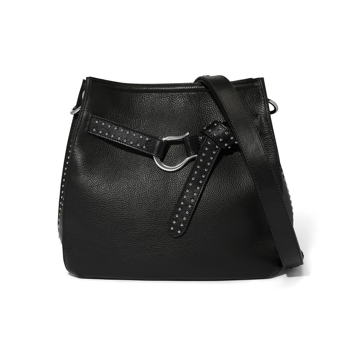 Black leather convertible hobo bag with studded strap details and magnetic flap closure.