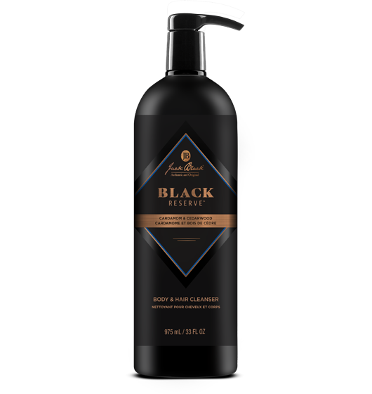 Black Reserve Body & Hair Cleanser bottle in black with white text.