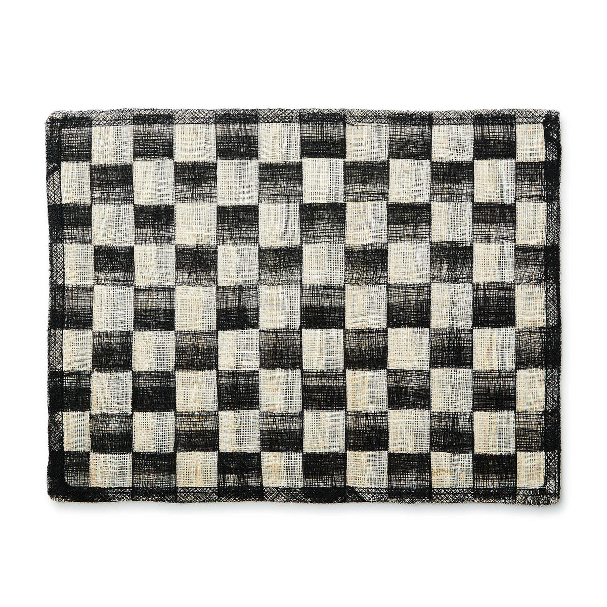Set of four black woven sinamay abaca placemats with a check pattern.