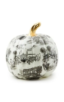 Large black resin pumpkin with classic toile scenic pattern
