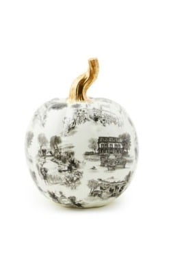 Small black resin pumpkin with classic toile scenic pattern