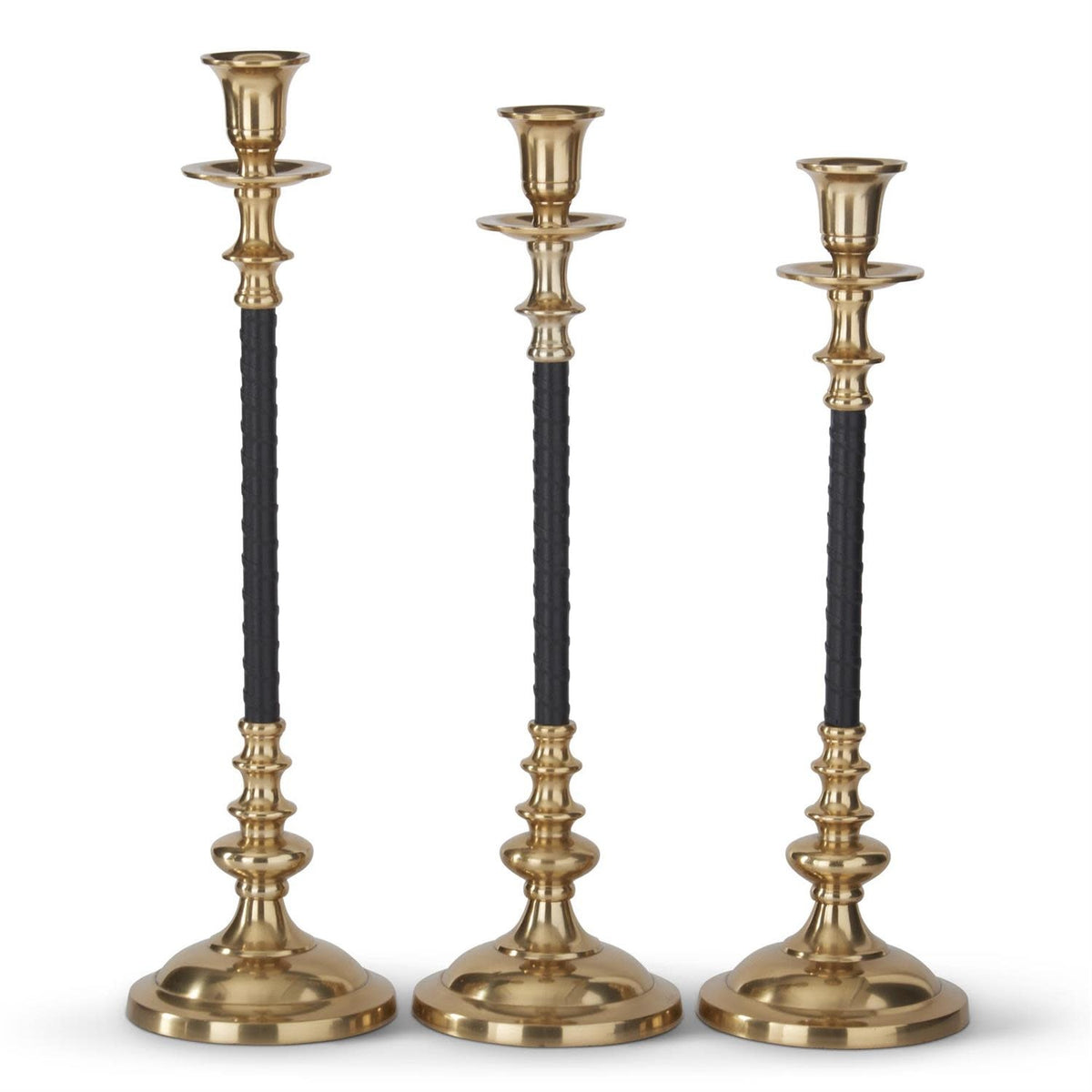 Black vegan leather candleholder with gold tapered accents on a sleek aluminum base.