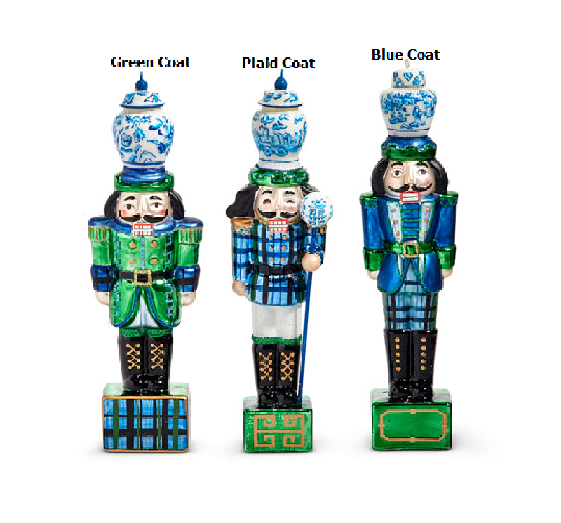 Eight-inch black glass nutcracker ornament with a classic soldier silhouette.