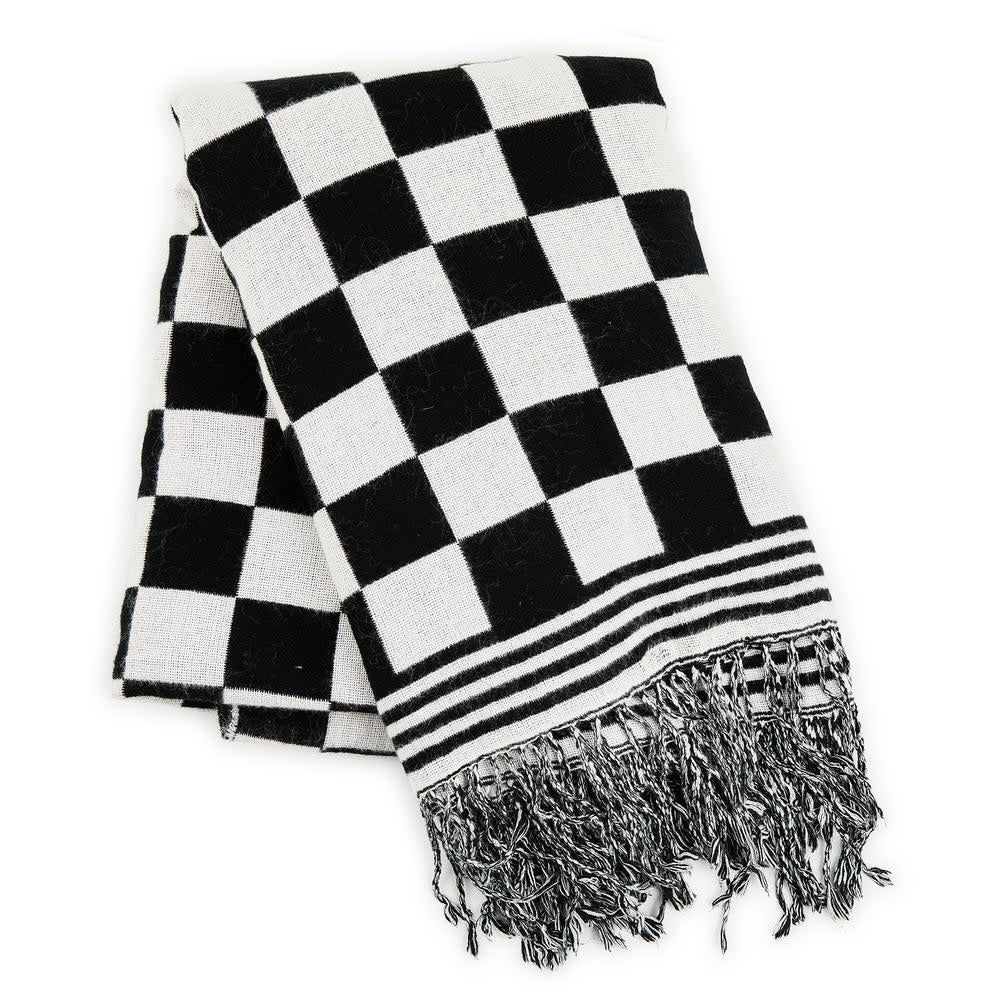 Acrylic black and white check throw blanket with a square shape.