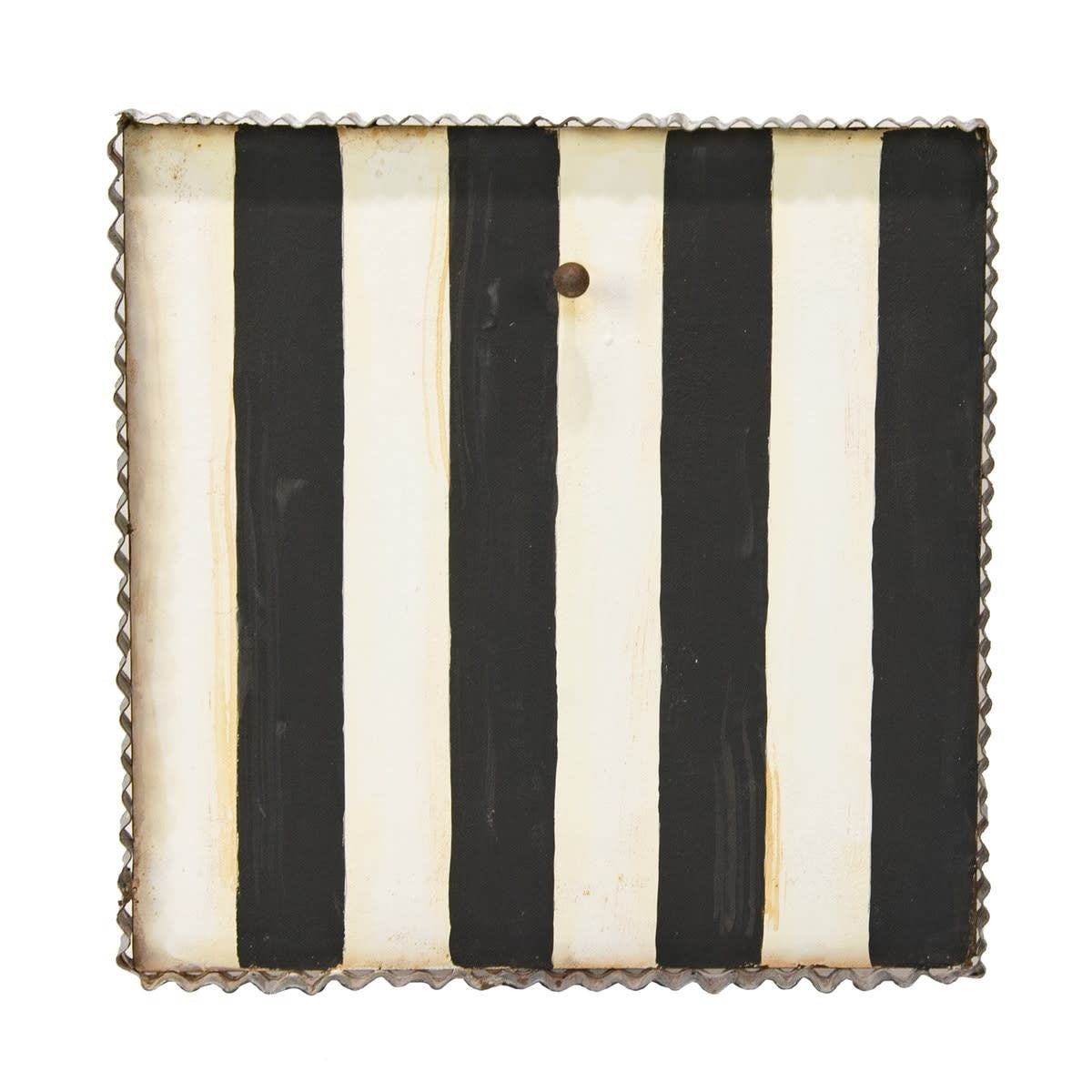 Square black and white striped mini gallery display board with a decorative geometric pattern.