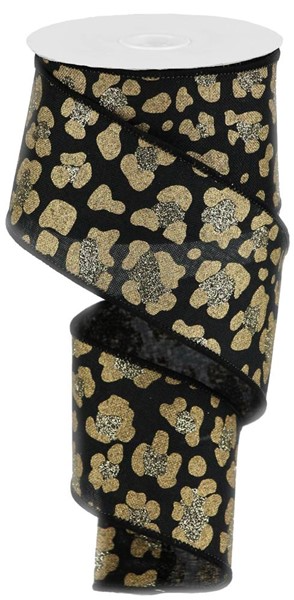 2.5-inch wide black polyester ribbon featuring a gold glitter leopard print pattern.