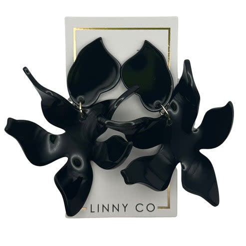 Black abstract floral drop earring with a delicate feather-light silhouette.
