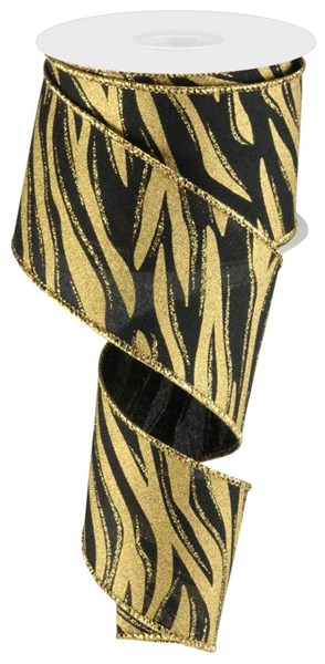 2.5-inch wide black and gold glitter leopard print polyester ribbon on a spool.