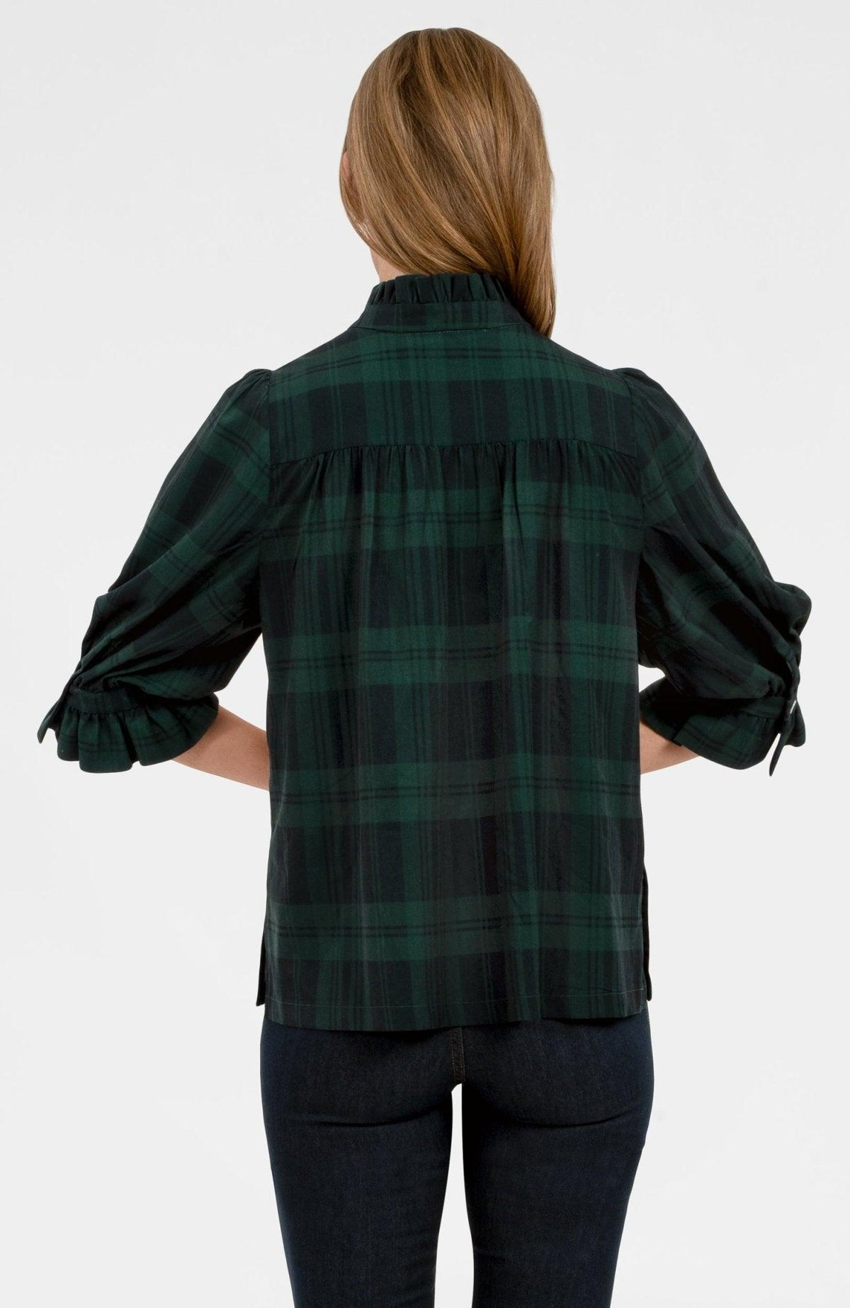 Faye Blackwatch Plaid Ruffleneck Tunic Navy/Green