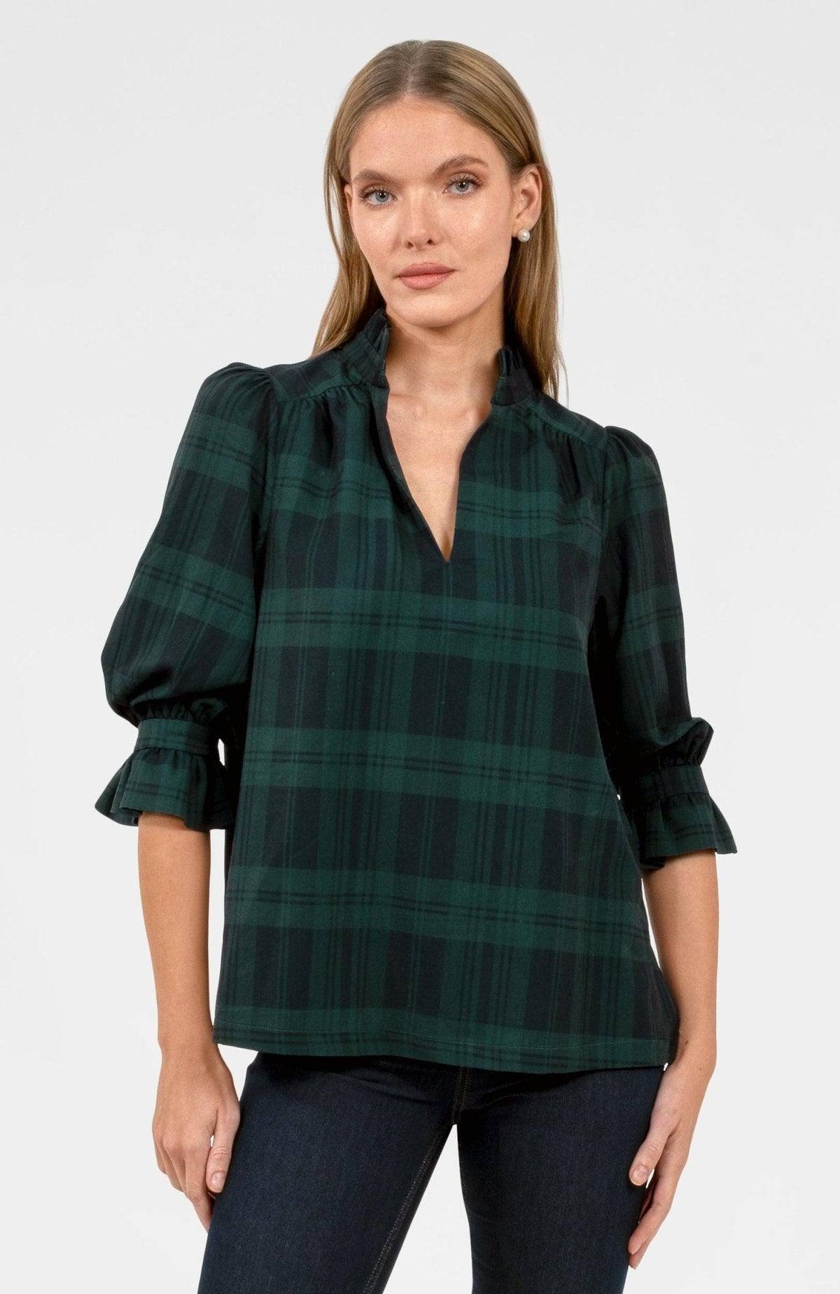 Faye Blackwatch Plaid Ruffleneck Tunic Navy/Green