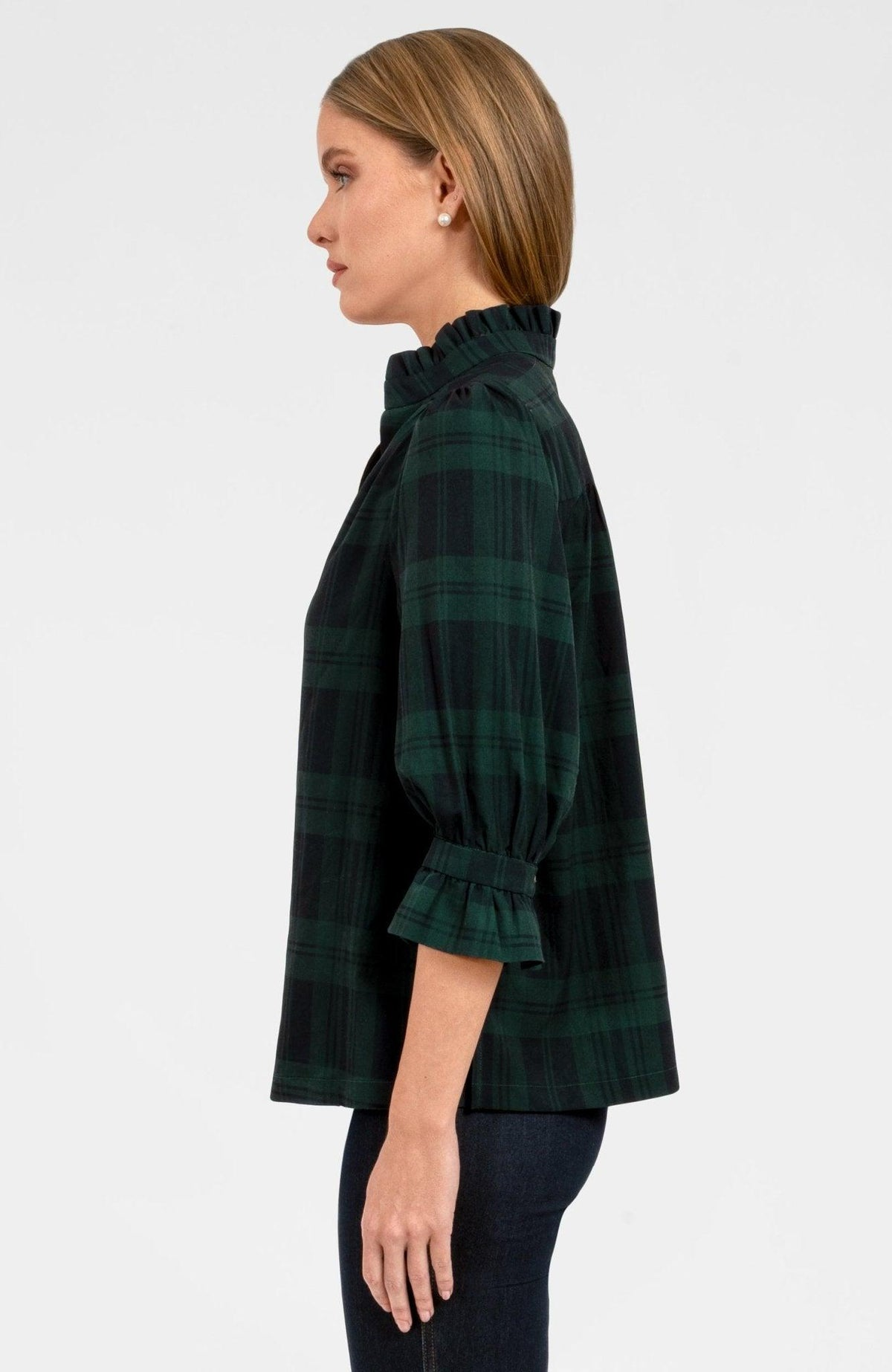 Faye Blackwatch Plaid Ruffleneck Tunic Navy/Green