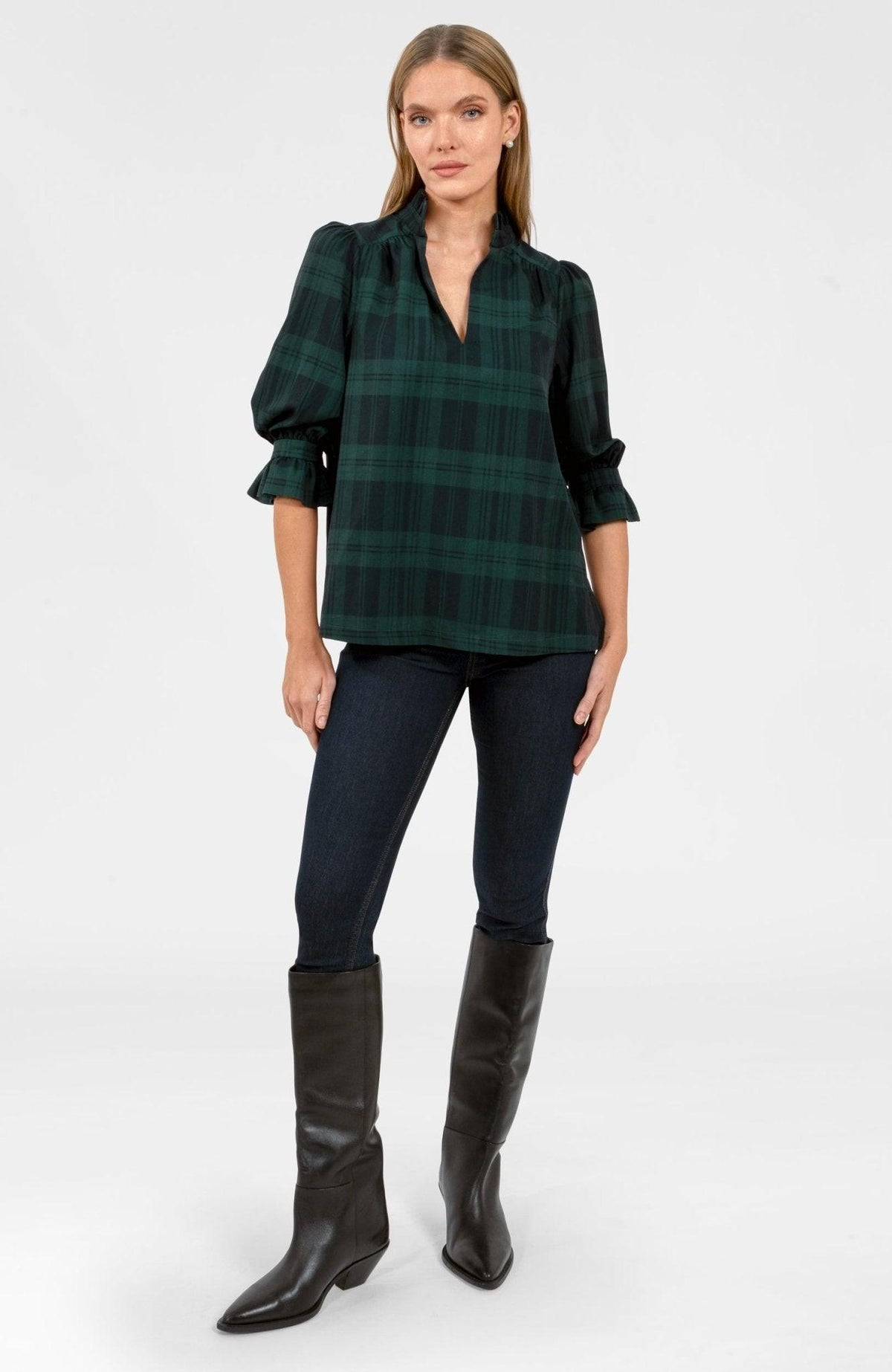 Faye Blackwatch Plaid Ruffleneck Tunic Navy/Green
