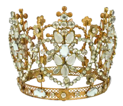 Ornate gold-toned bejeweled crown with clear crystals and floral metal accents.
