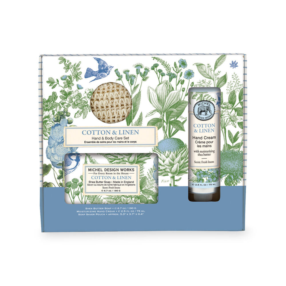 Hand & Body Care Set in a floral gift box with shea butter soap, hand cream, and a soap saver pouch.