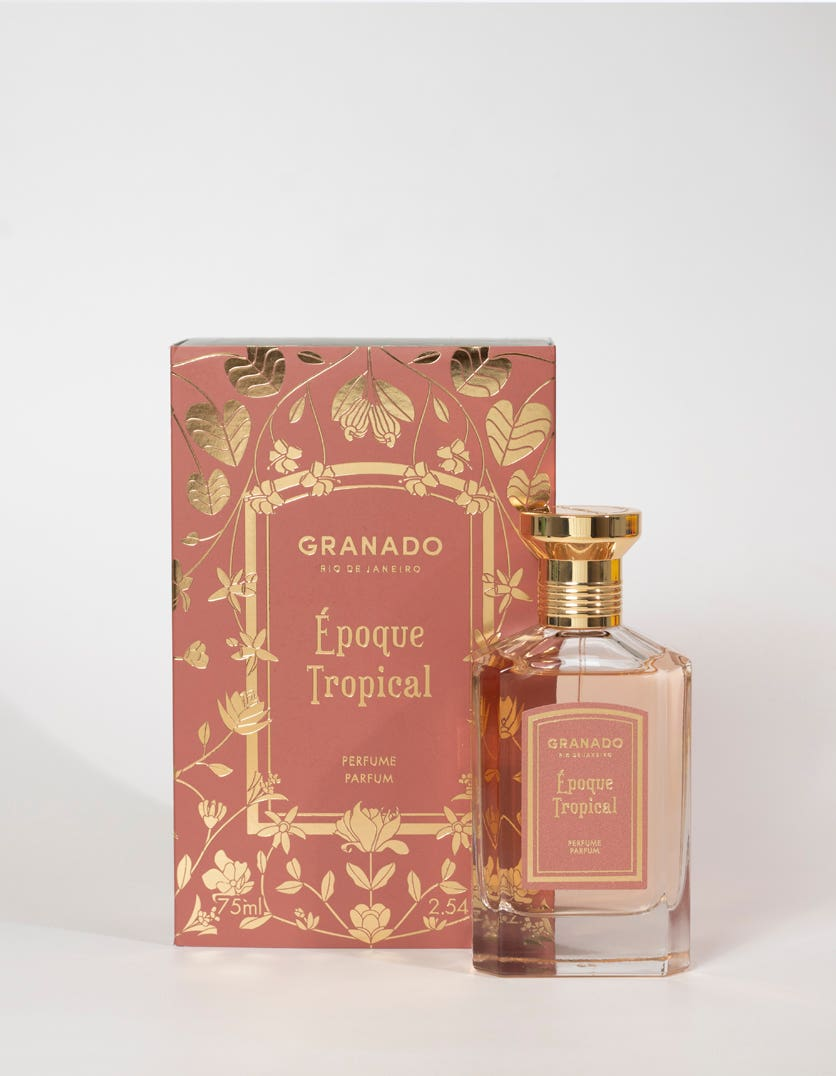 Époque Tropical Eau de Parfum 75ml bottle and decorative pink and gold floral box by Granado.