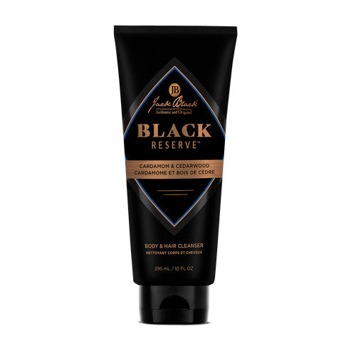 Jack Black Black Reserve Body & Hair Cleanser in a 10 oz black tube with cardamom and cedarwood.