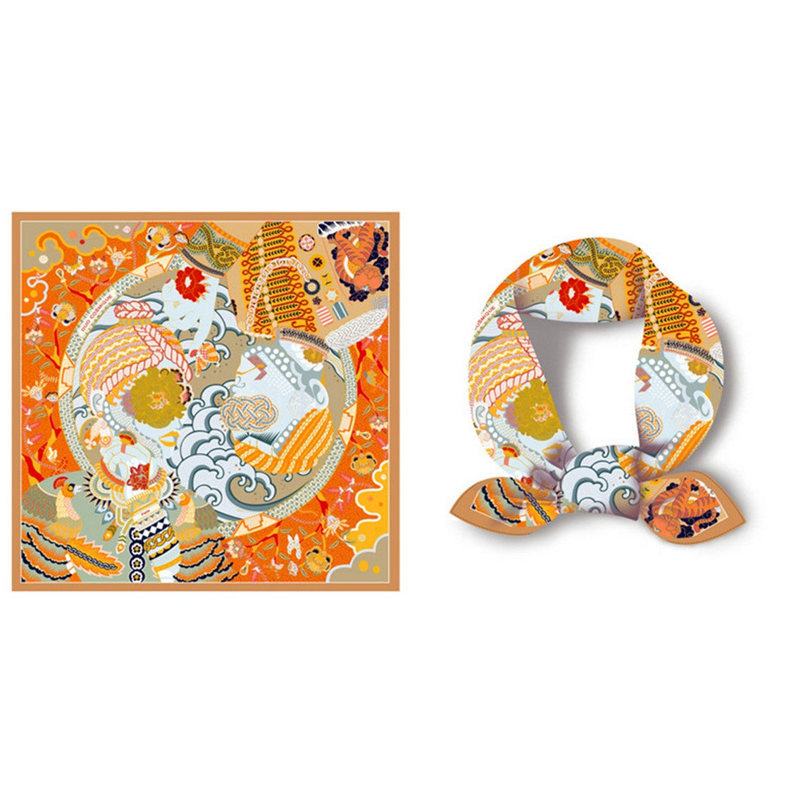 Twilled Satin Mini Scarf with orange and blue cosmic pattern, shown flat and tied as a neck scarf.
