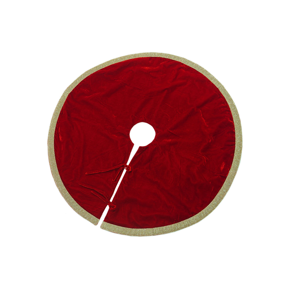 Red bling tree skirt with gold accents in a circular shape.