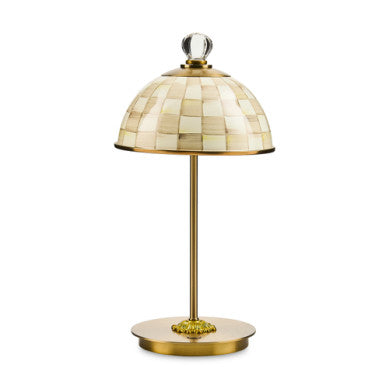 Rechargeable dome table lamp with hand-painted checkered pattern in mild steel and glazed enamel.