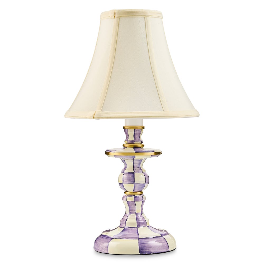 Violet check steel candlestick lamp with bronzed stainless accents and softback shade
