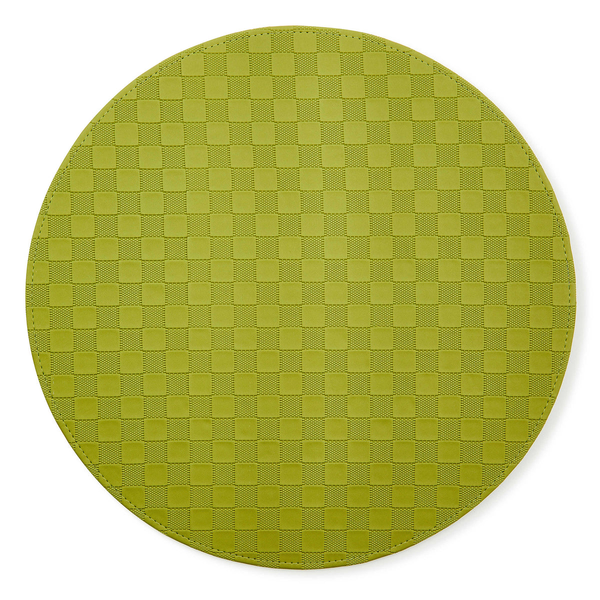 Round lime green faux leather placemat with a textured checkerboard pattern and stitched edge.