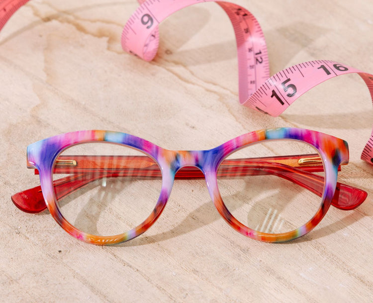 Tribeca eyeglasses with wire core-colored temples in a patterned cat-eye silhouette.