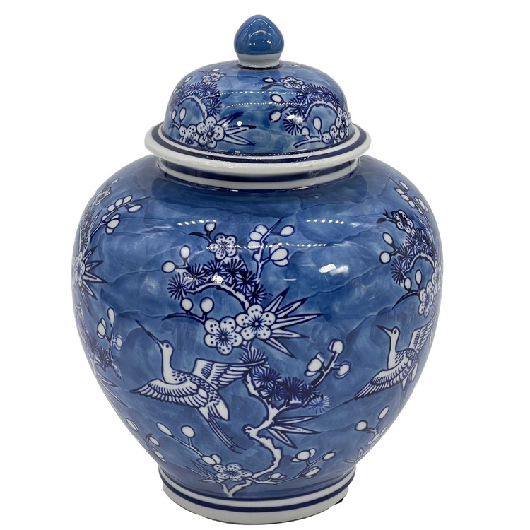 10-inch blue and white ceramic ginger jar with floral and crane chinoiserie patterns.