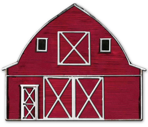 Metal embossed barn decoration in rustic brown with white roof accents