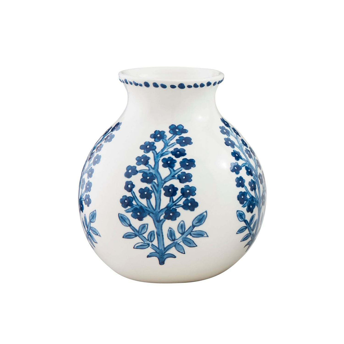 Hand-stamped stoneware flower vase with block print floral pattern in earthy tones.
