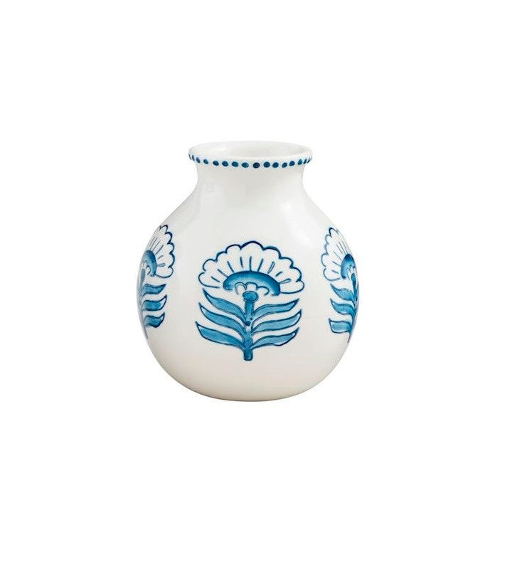 Block print flower vase in stoneware with hand-painted interior floral pattern.