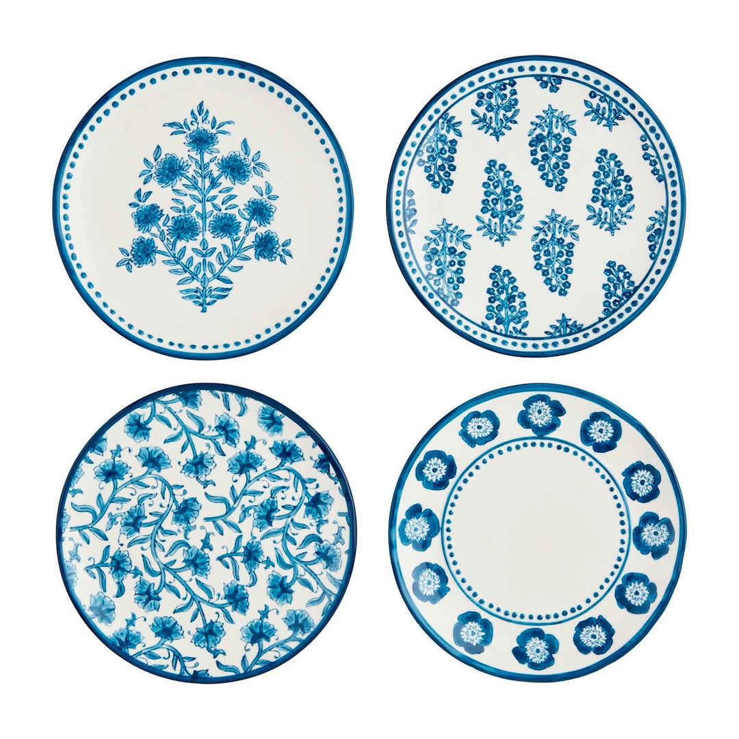 Hand-stamped stoneware salad plate with hand-painted rim detail in block print pattern.
