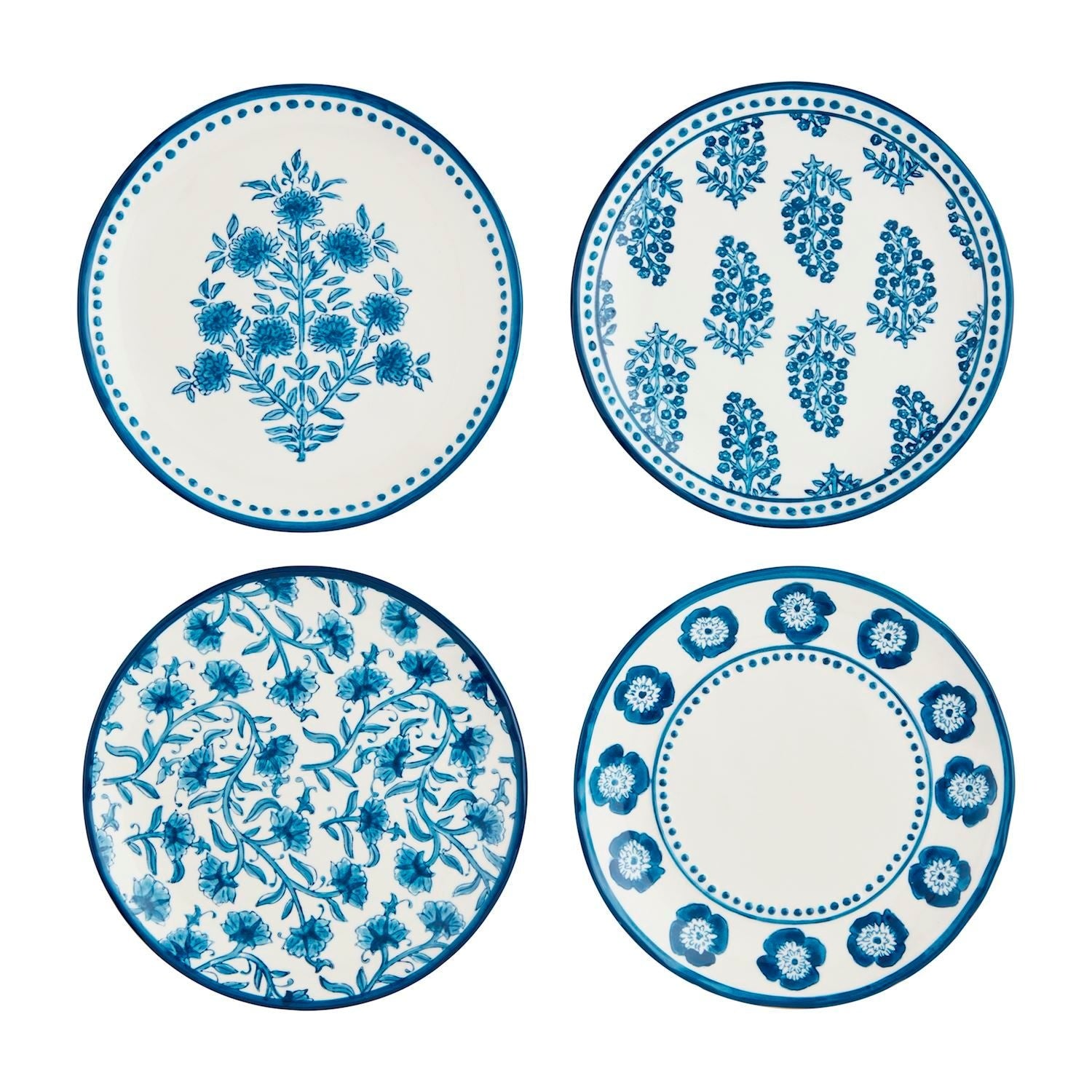 Hand-stamped stoneware salad plate with hand-painted rim detail in block print pattern.