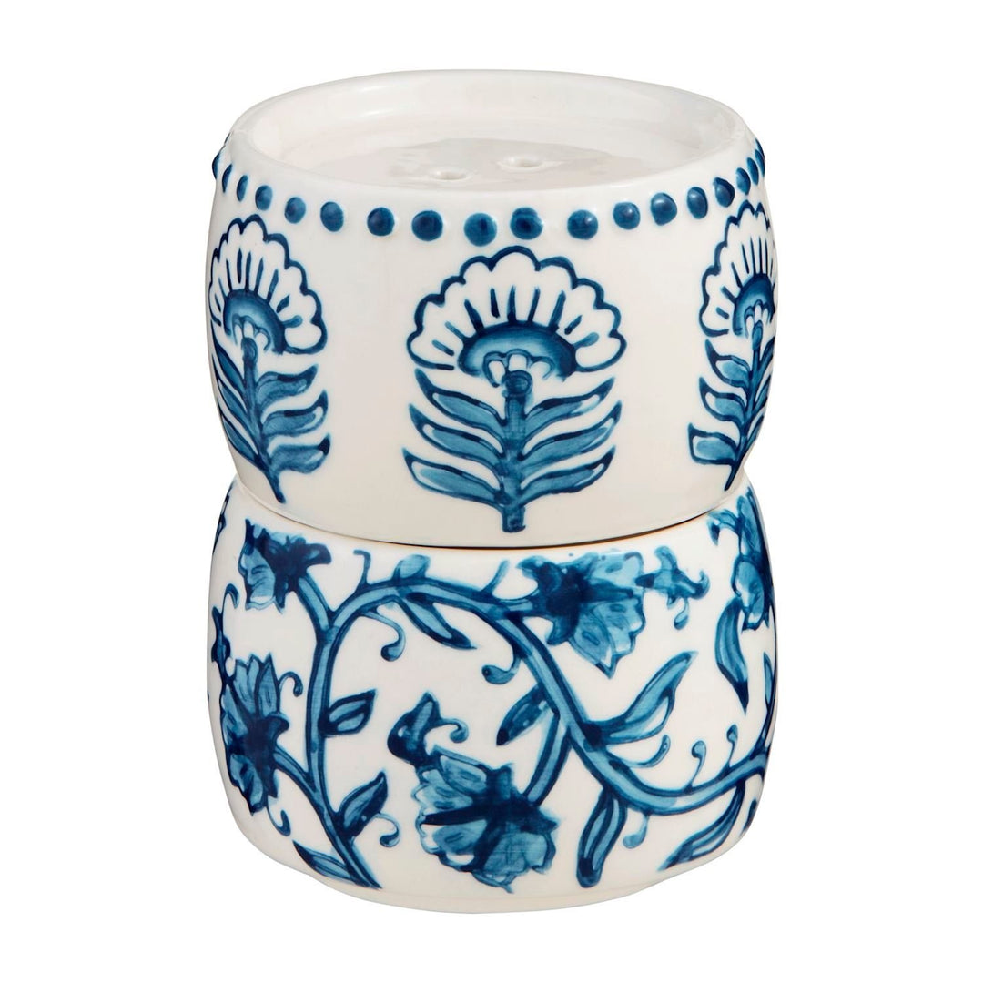 Stacking stoneware salt and pepper shakers with hand-stamped block print pattern and painted rim detail.