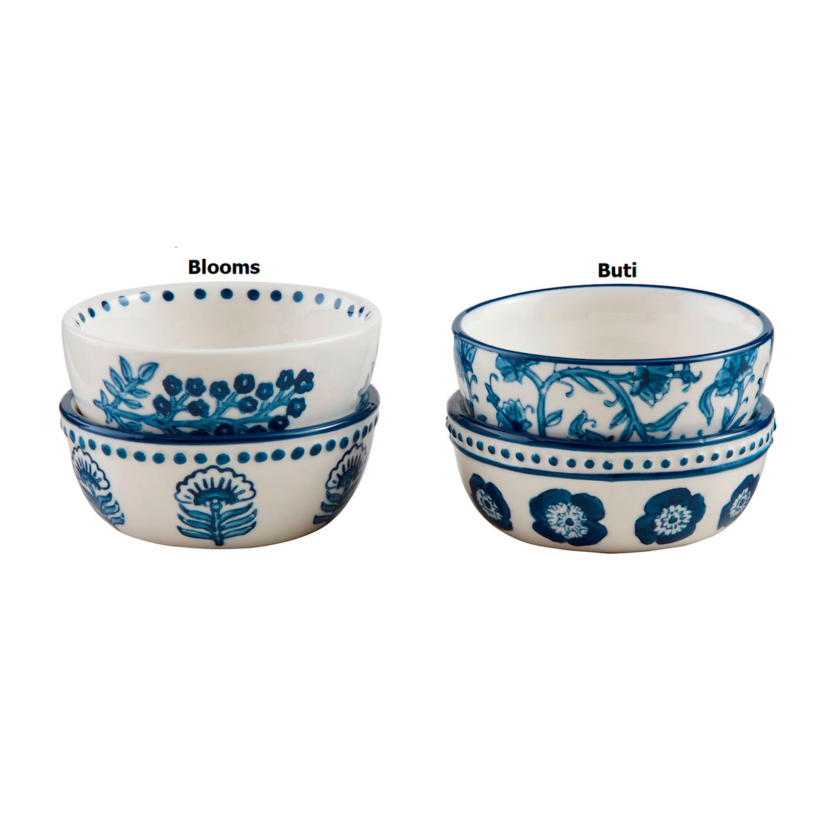 Set of hand-stamped ceramic tidbit bowls with hand-painted rims in a block print pattern.