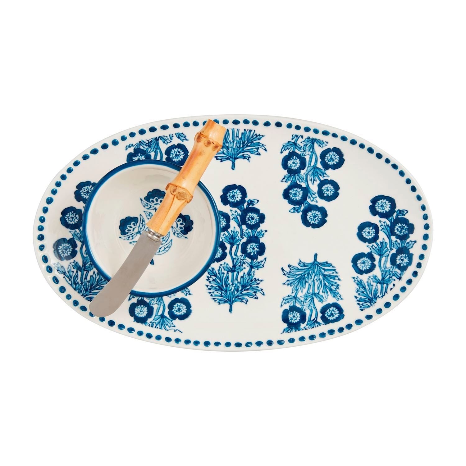 Hand-stamped stoneware tray with hand-painted rim, coordinating tidbit dish, and stainless steel spreader on bamboo handle.