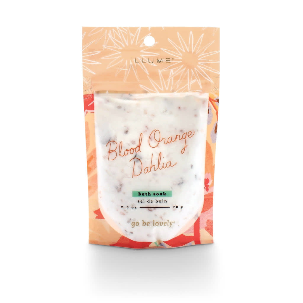 A packet of Rose botanical bath soak in blood orange dahlia color.