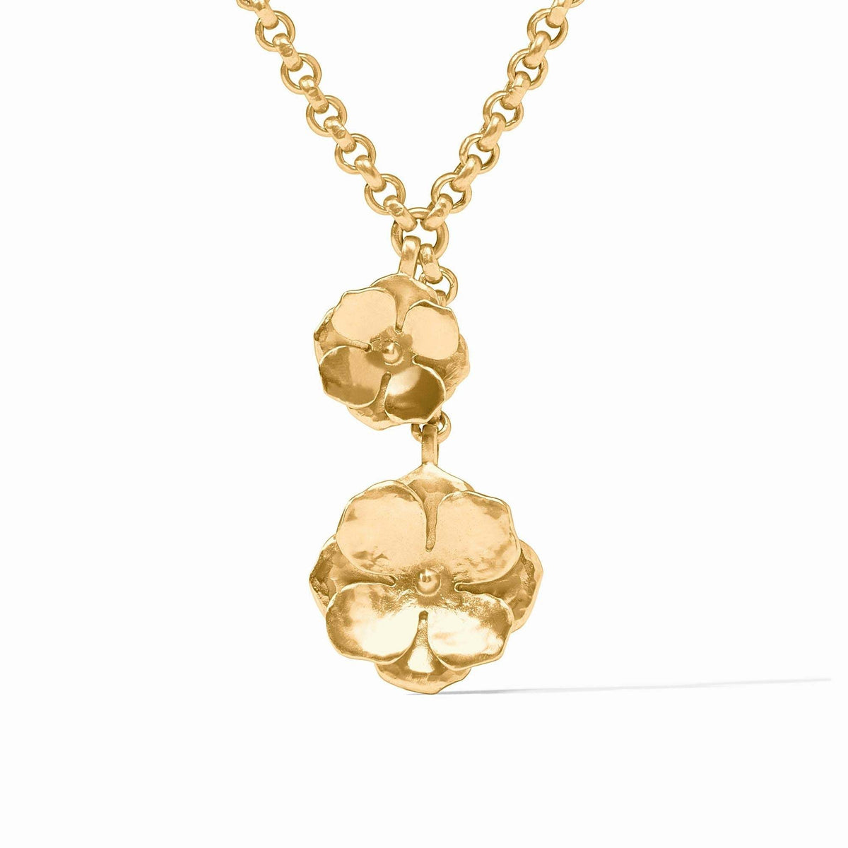 Adjustable rolo chain lariat necklace featuring sculpted golden flower pendants.