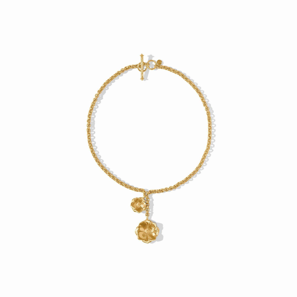 Adjustable rolo chain lariat necklace with sculpted golden flower pendants on gold plate