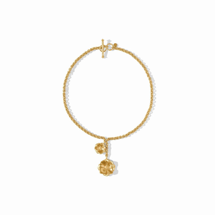 Adjustable rolo chain lariat necklace with sculpted golden flower pendants on gold plate