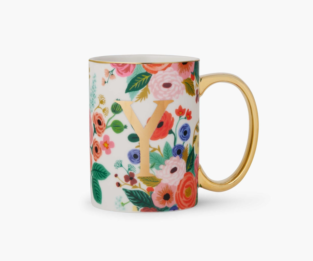Garden Party porcelain mug with colorful floral patterns and a gold foil monogram letter Y.